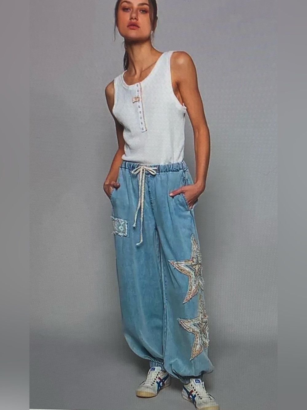 POL Light Blue Denim Embroidered Star Jogger Pants